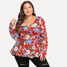 Shein Plus Tie Waist Surplice Wrap Floral Top