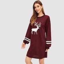 Shein Reindeer Print Varsity-striped Sweatshirt Dress