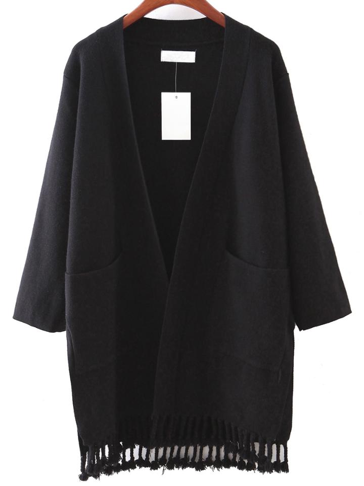 Shein Black Pocket Tassel Cardigan