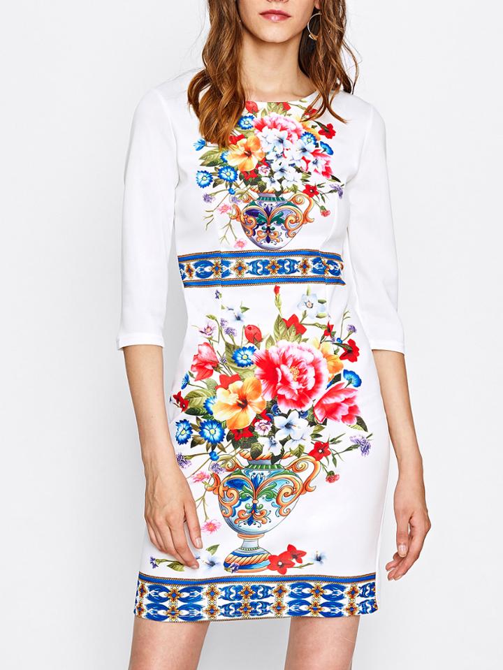 Shein Ornate Print Slit Back Sheath Dress