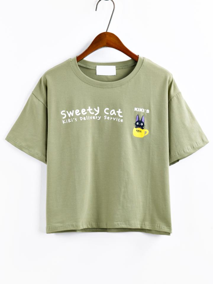 Shein Cartoon Cat Print T-shirt - Olive Green