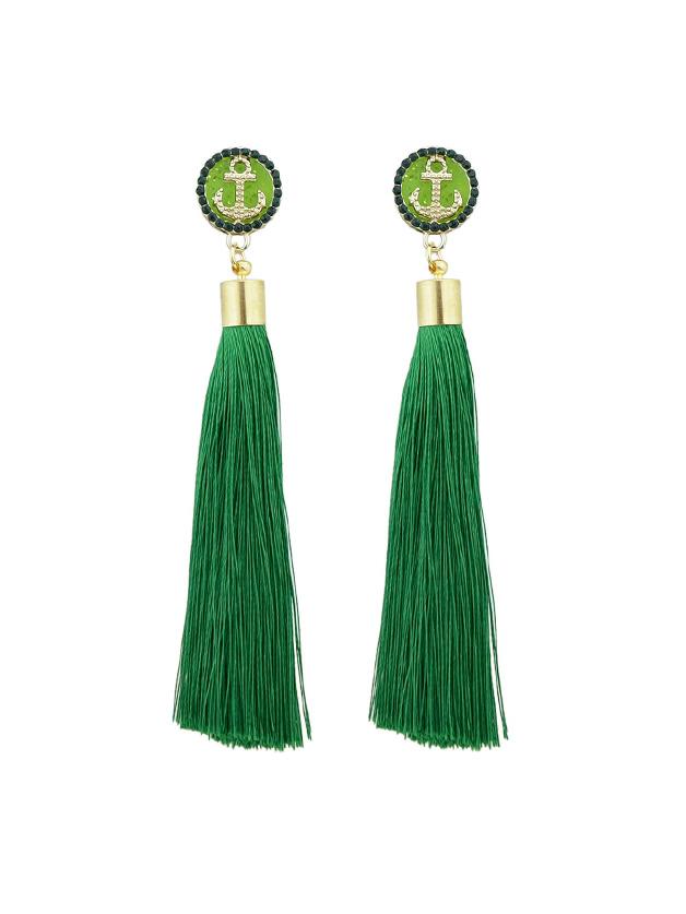 Shein Green Anchor Decoration With Long Tassel Drop Statement Earrings