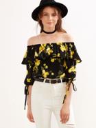 Shein Black Flower Print Tie Sleeve Off The Shoulder Ruffle Top