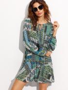 Shein Green Ornate Patchwork Print Tie Neck Tunic Dress