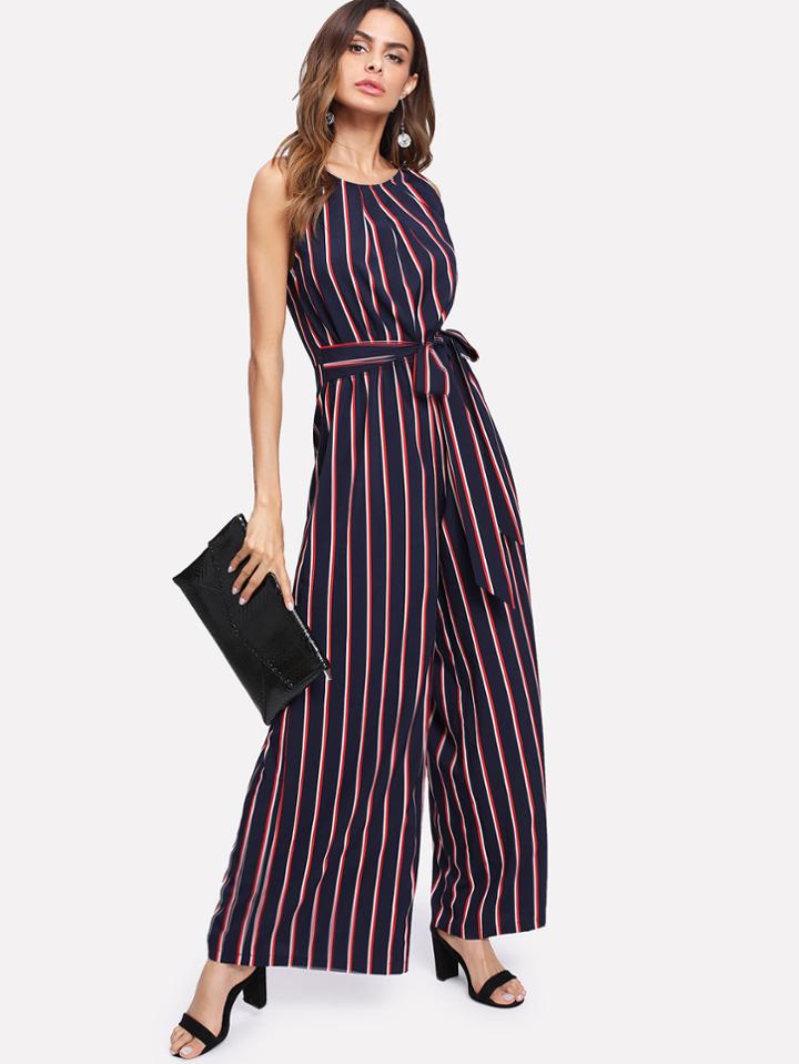 Shein Self Belted Vertical Striped Wide Leg Jumpsuit