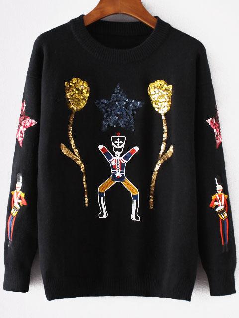 Shein Black Sequined Graphic Crew Neck Sweater