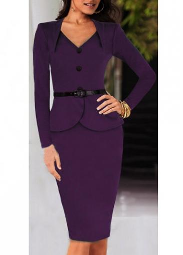 Rosewe Glamorous Long Sleeve V Neck Knee Length Dress