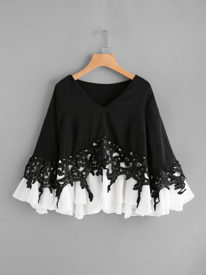 Shein Contrast Pep Hem Crochet Trim Blouse