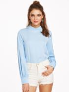 Shein Blue Mock Neck Keyhole Back Buttoned Cuff Top