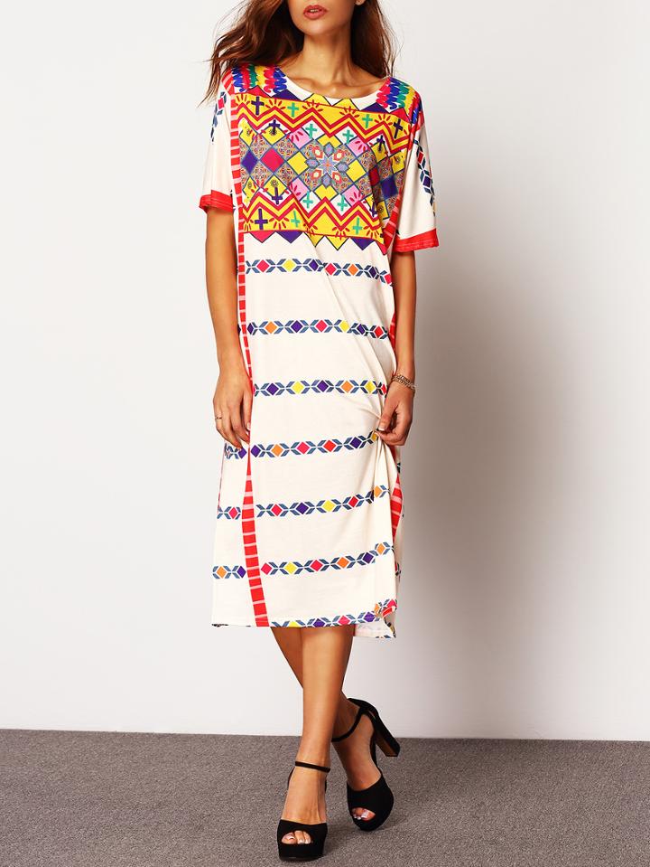 Shein Colour Short Sleeve Geometric Print Straight Dress