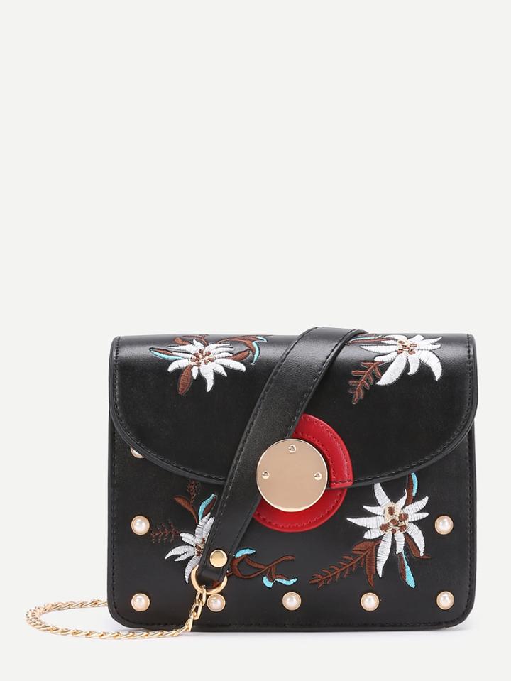 Shein Faux Pearl Detail Shoulder Bag Flower Embroidery