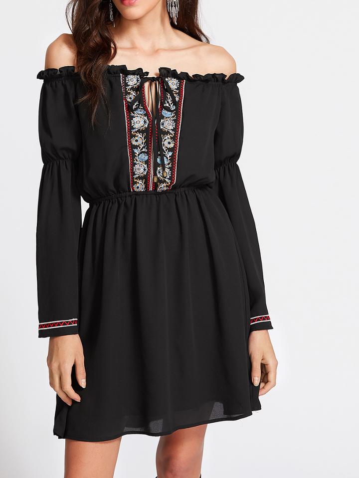 Shein Tied Bardot Neckline Fluted Sleeve Embroidered Dress