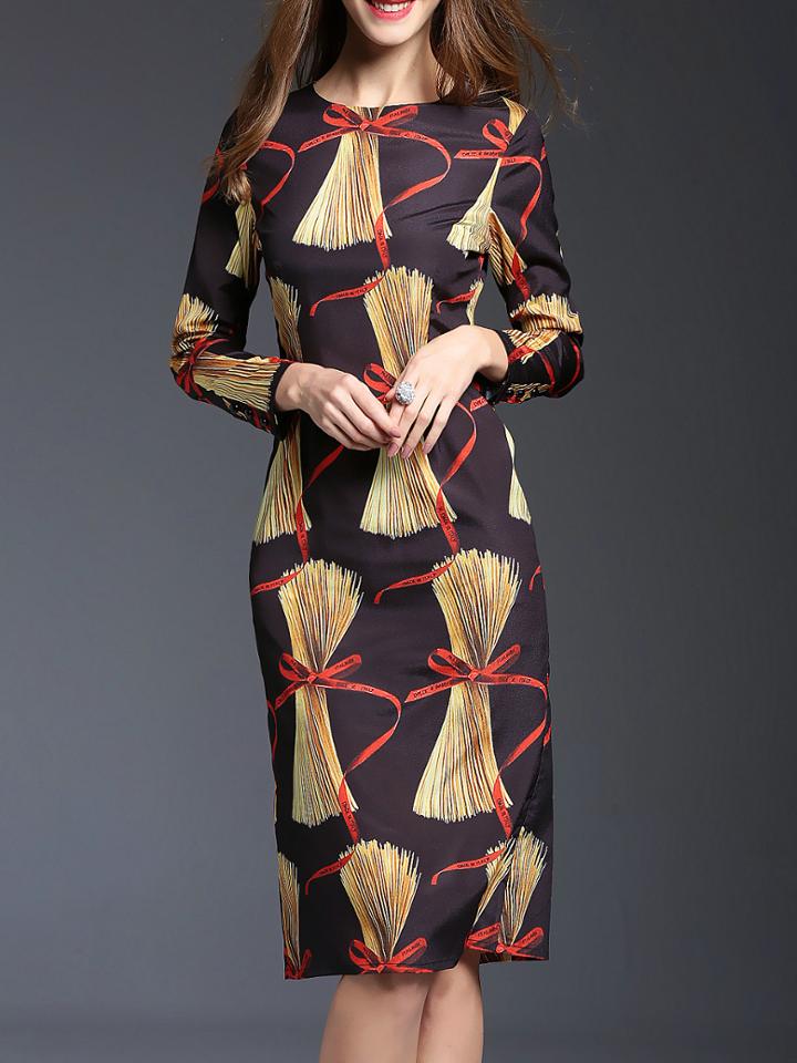 Shein Black Crew Neck Bowknot Print Dress
