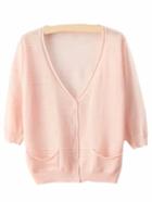Shein Pink V Neck Pockets Buttons Cardigan Sweater