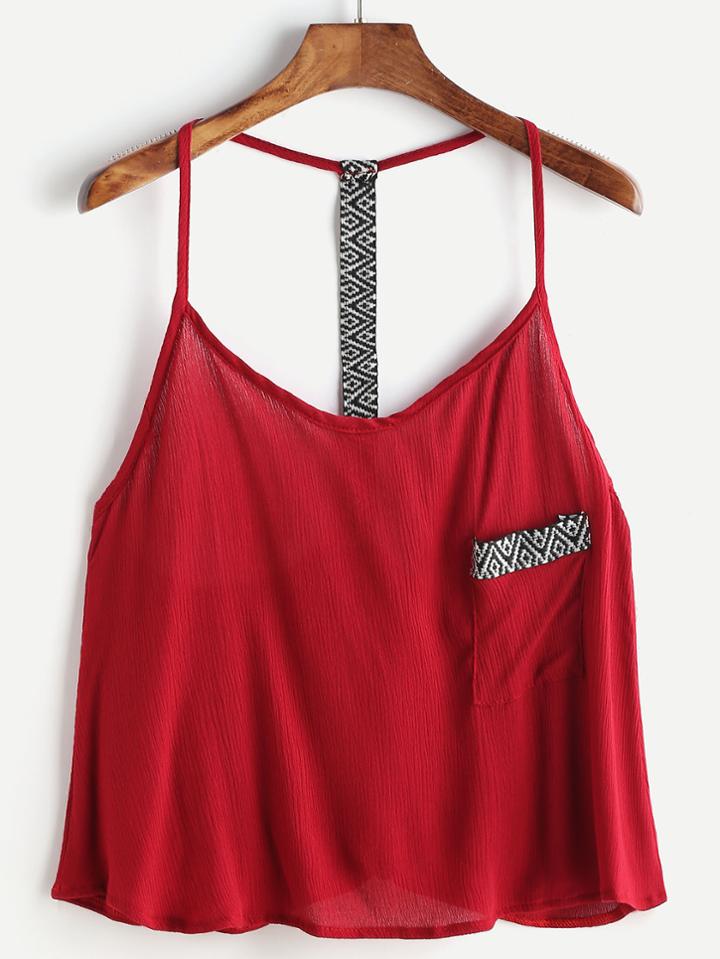 Shein Burgundy Embroidered Tape Detail Cami Top