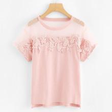 Shein Floral Appliques Mesh Contrast Blouse