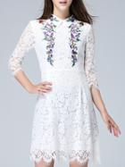 Shein White Lapel Length Sleeve Embroidered Lace Dress