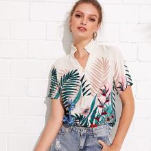 Shein Frilled Collar Half Placket Tropical Top