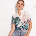 Shein Frilled Collar Half Placket Tropical Top