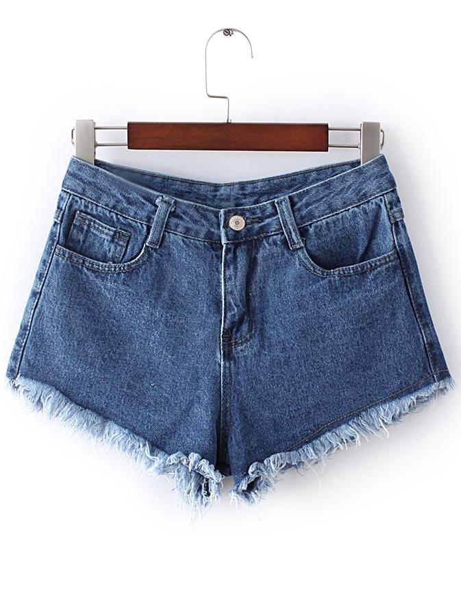 Shein Dark Blue Pockets Fringed Trim Denim Shorts