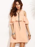 Shein Pink Cold Shoulder Ruffle Criss Cross V Neck Dress