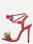 Shein Red Open Toe Pompom High Stiletto Sandals