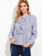 Shein Blue And White Striped Lace Up Ruffle Blouse