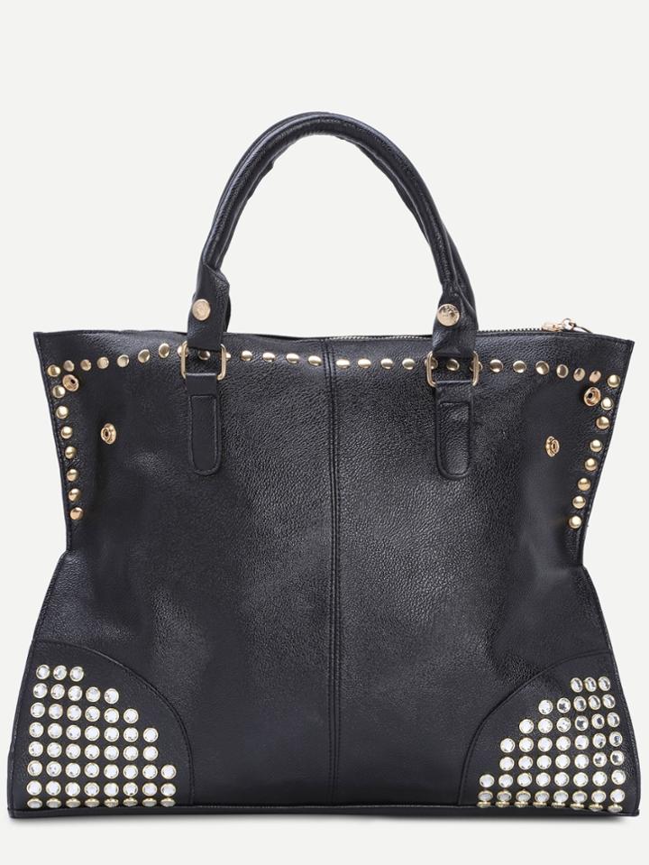 Shein Black Zip Embellished Studded Tote Bag