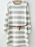 Shein Grey White Round Neck Striped Straight Dress