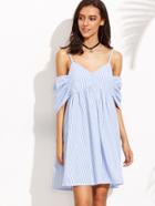 Shein Blue Vertical Striped Ruched Cold Shoulder Dress
