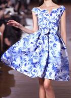 Shein Blue Damask V Neck Floral Bow Flare Dress