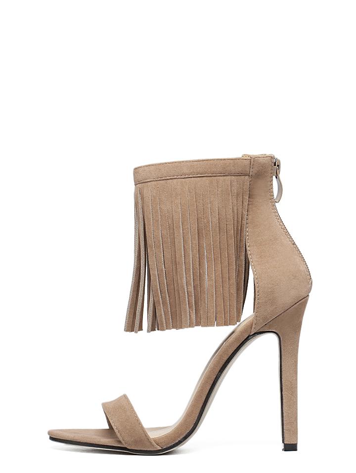 Shein Apricot Faux Suede Ankle Fringe Heeled Sandals
