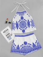 Shein Porcelain Print Crop Halter Top With Shorts