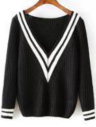 Shein Black V Neck Striped Knit Sweater