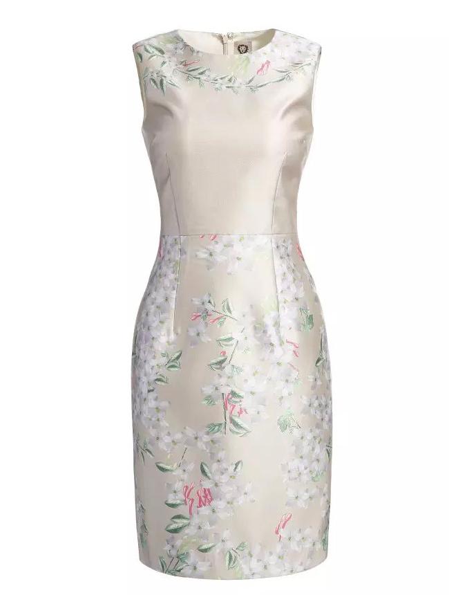 Shein Apricot Round Neck Sleeveless Floral Print Dress