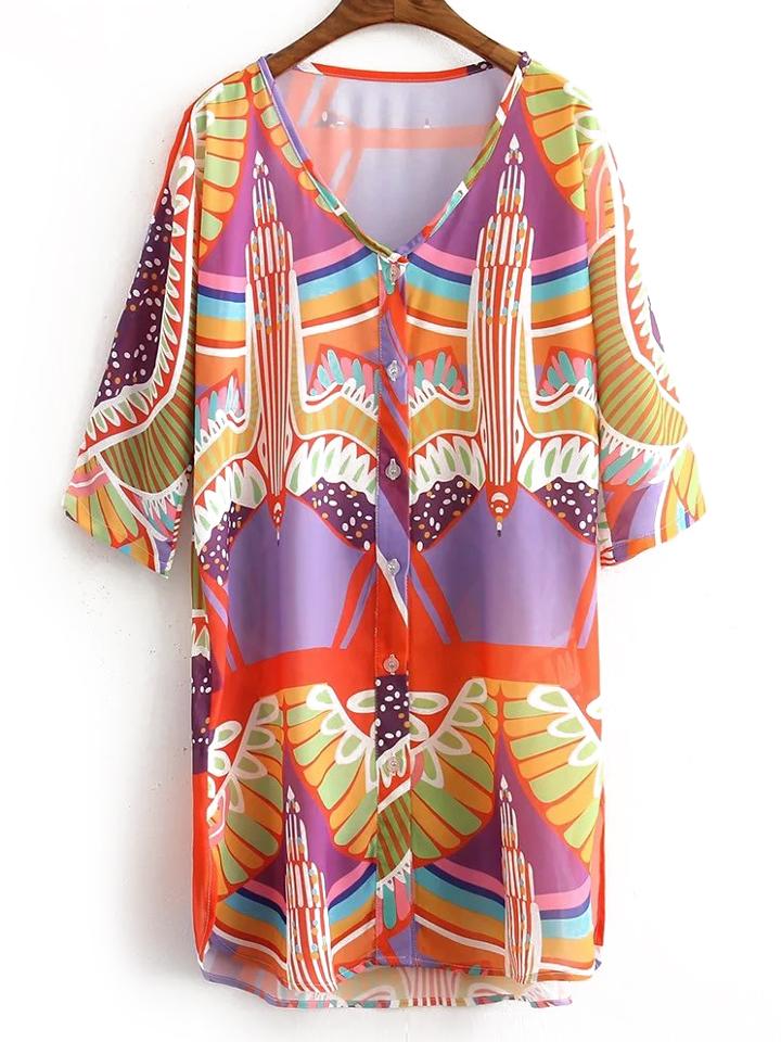 Shein Multicolor V Neck Eagle Print Dress