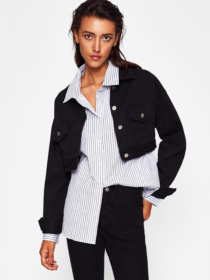 Shein Dual Flap Pocket Front Crop Denim Jacket