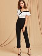 Shein Two Tone Flounce Asymmetric Shoulder Tailored Jumpsuit