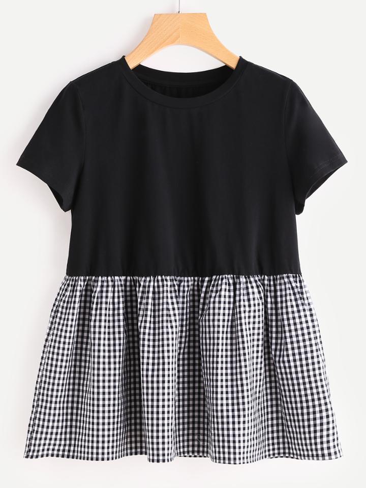 Shein Gingham Ruffle Trim Mixed Media Babydoll Tee