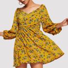Shein Wrap Front Lantern Sleeve Calico Dress