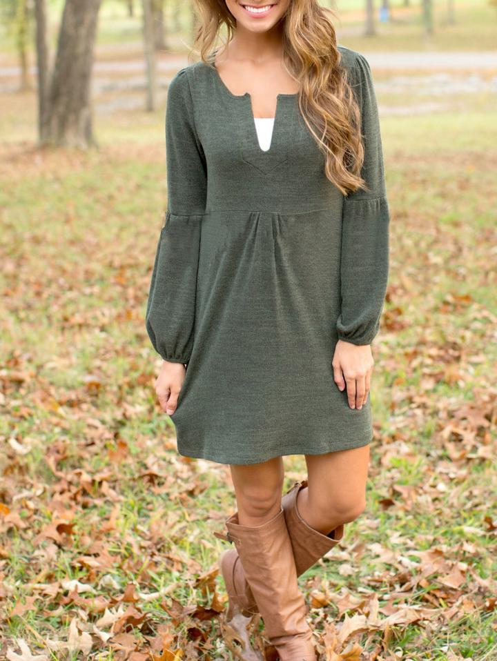 Shein Green V Neck Lantern Sleeve Shift Dress