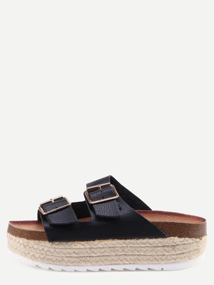 Shein Buckled Strap Flatform Sliders - Black
