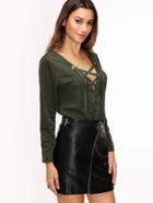 Shein Army Green Deep V Neck Eyelet Lace Up T-shirt
