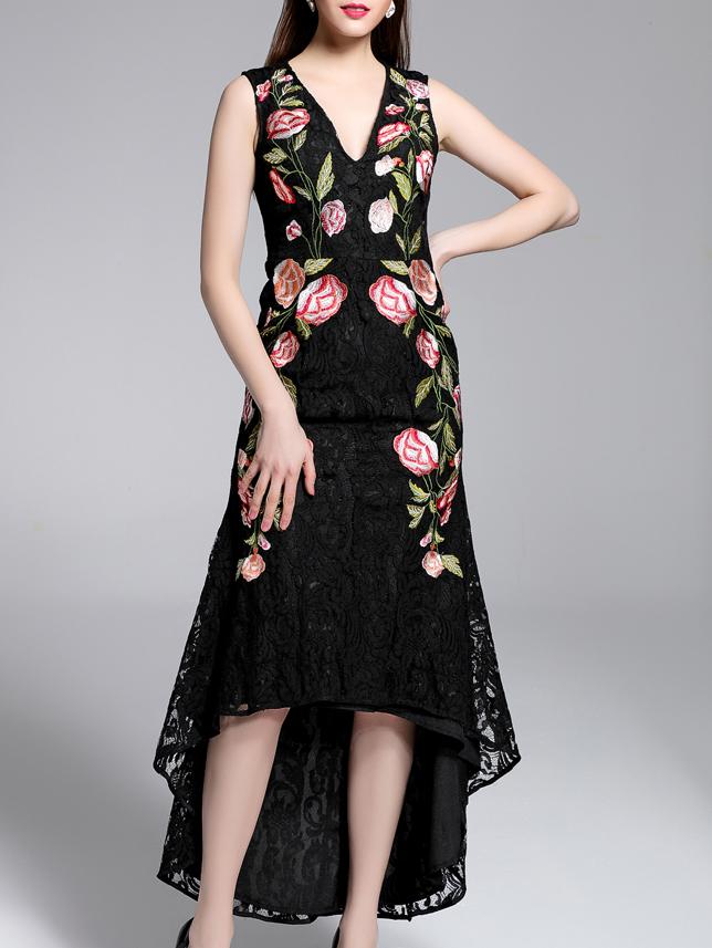 Shein Black V Neck Embroidered High Low Lace Dress
