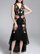 Shein Black V Neck Embroidered High Low Lace Dress
