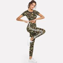 Shein Camo Print Crop Top And Drawstring Waist Leggings Set