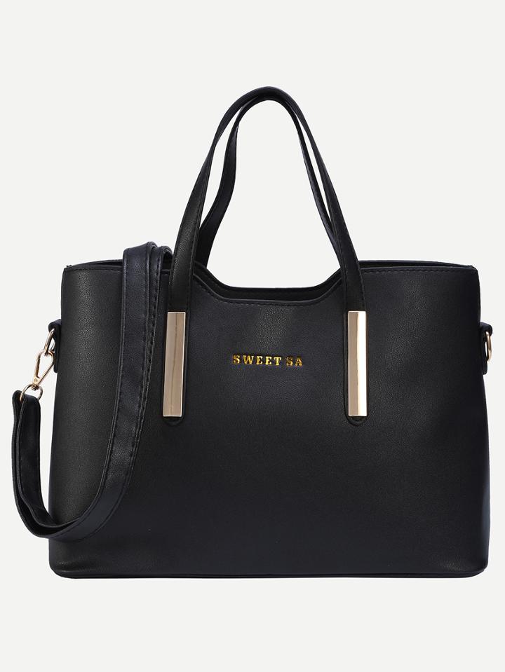 Shein Black Metal Plate Embellished Tote Bag With Strap