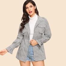 Shein Flap Pocket Front Drawstring Waist Plaid Coat