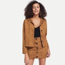 Shein Solid Suede Coat With Button Front Skirt