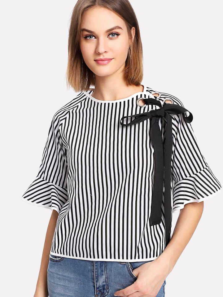 Shein Tape Tie Grommet Detail Striped Blouse